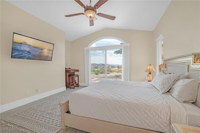 32 Cerchio Basso, Henderson, NV 89011 - carpeted bedroom with vaulted ceiling, access to exterior, baseboards, and ceiling fan