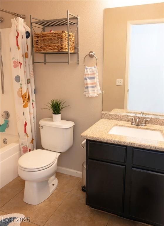 bathroom featuring toilet, shower / bathtub combination with curtain, tile patterned flooring, and vanity