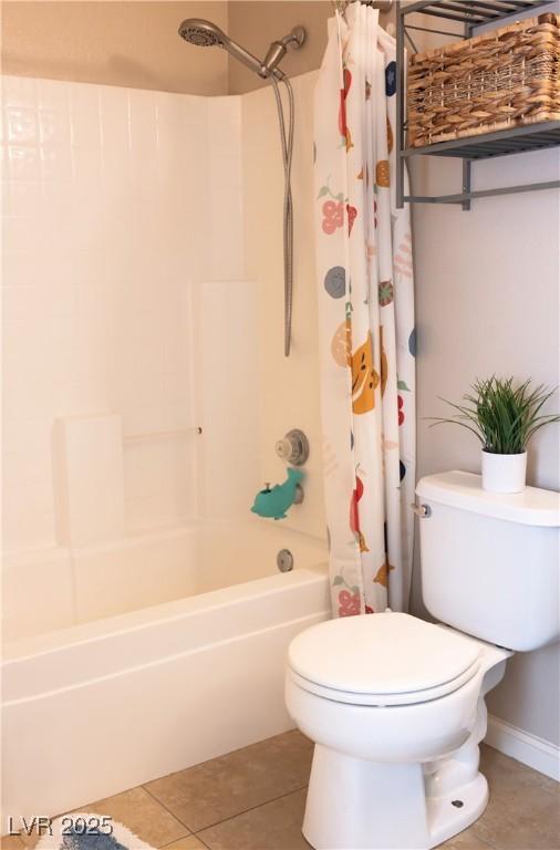 full bath with toilet, shower / bath combo, and tile patterned flooring