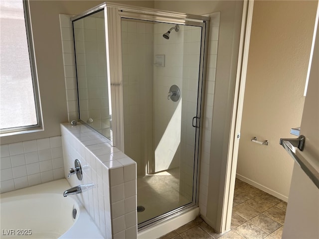 1249 Lucia Dr, Las Vegas, NV 89128 - full bathroom featuring baseboards, tile patterned flooring, a stall shower, and a bath