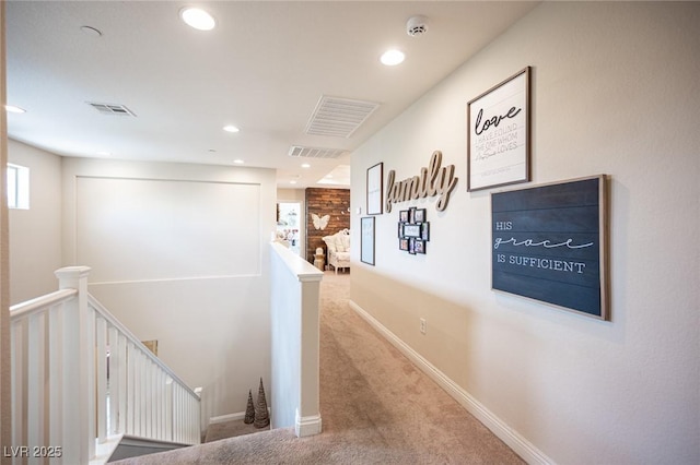 2198 Maderno St, Henderson, NV 89044 - hallway featuring carpet flooring, recessed lighting, an upstairs landing, and visible vents