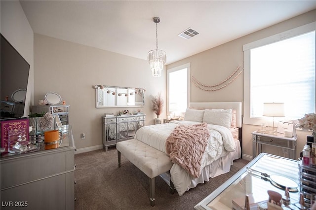 2198 Maderno St, Henderson, NV 89044 - bedroom with visible vents, carpet flooring, baseboards, and a chandelier