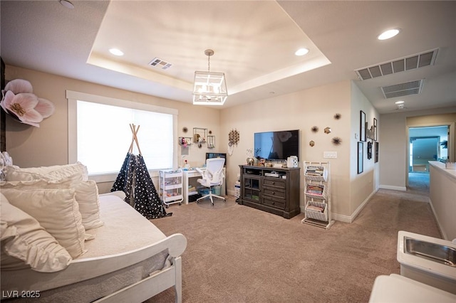 2198 Maderno St, Henderson, NV 89044 - carpeted bedroom featuring a tray ceiling, recessed lighting, and visible vents