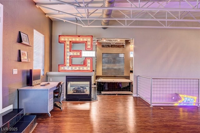 interior space featuring a multi sided fireplace and wood finished floors