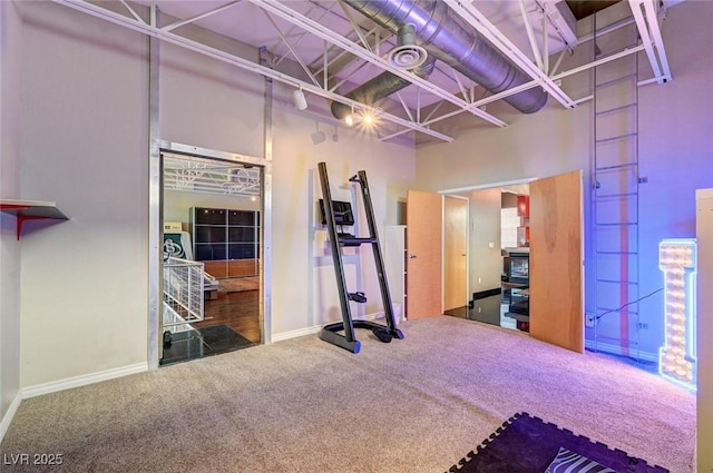 exercise room featuring carpet floors, baseboards, and a high ceiling
