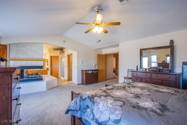 5180 N Dapple Gray Rd, Las Vegas, NV 89149 - bedroom with vaulted ceiling, carpet flooring, arched walkways, and ceiling fan