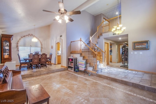 5180 N Dapple Gray Rd, Las Vegas, NV 89149 - living area with a chandelier, stairway, baseboards, ceiling fan, and high vaulted ceiling