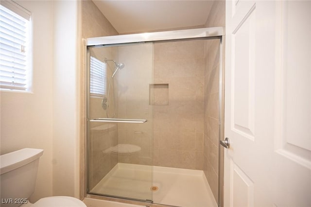 bathroom with toilet, a shower stall, and a wealth of natural light