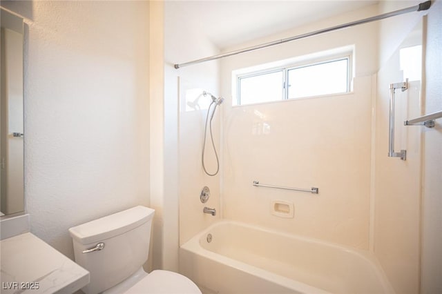 full bath featuring vanity, toilet, and shower / tub combination