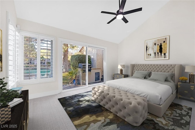 6961 Emerald Springs Ln, Las Vegas, NV 89113 - bedroom featuring access to exterior, carpet floors, multiple windows, baseboards, and high vaulted ceiling
