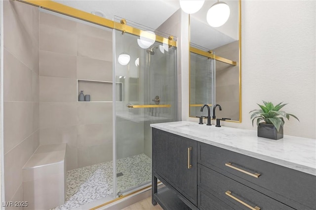 6961 Emerald Springs Ln, Las Vegas, NV 89113 - bathroom featuring a stall shower and vanity
