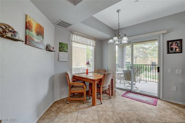 6868 Sky Pointe Dr Unit 1089, Las Vegas, NV 89131 - dining room featuring light tile patterned floors, baseboards, visible vents, and an inviting chandelier