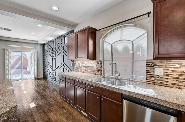 kitchen featuring a sink, dark wood finished floors, backsplash, stainless steel dishwasher, and visible vents