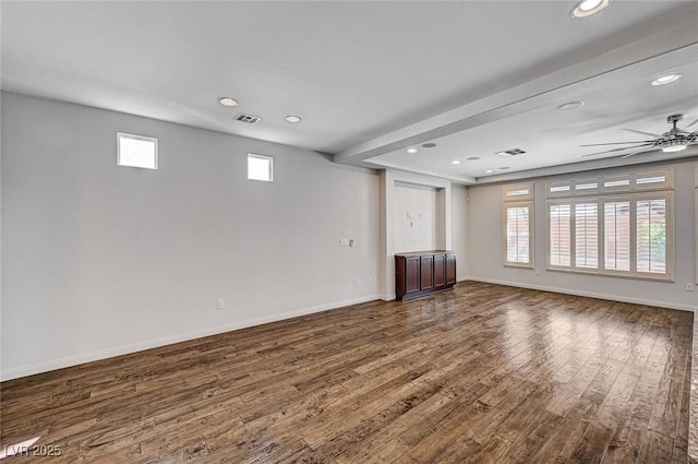 interior space featuring recessed lighting, baseboards, a ceiling fan, dark wood-type flooring, and visible vents