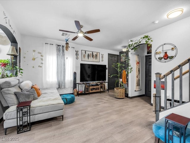 6324 Desert Leaf St Unit 3, North Las Vegas, NV 89081 - living area with stairs, a ceiling fan, visible vents, and light wood-style floors