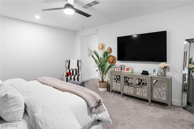 bedroom featuring carpet flooring, a ceiling fan, baseboards, and visible vents