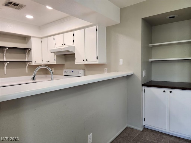kitchen featuring visible vents, open shelves, baseboards, under cabinet range hood, and white cabinetry