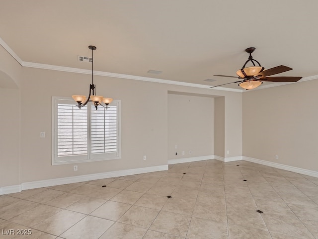 unfurnished room with visible vents, crown molding, light tile patterned floors, baseboards, and ceiling fan with notable chandelier