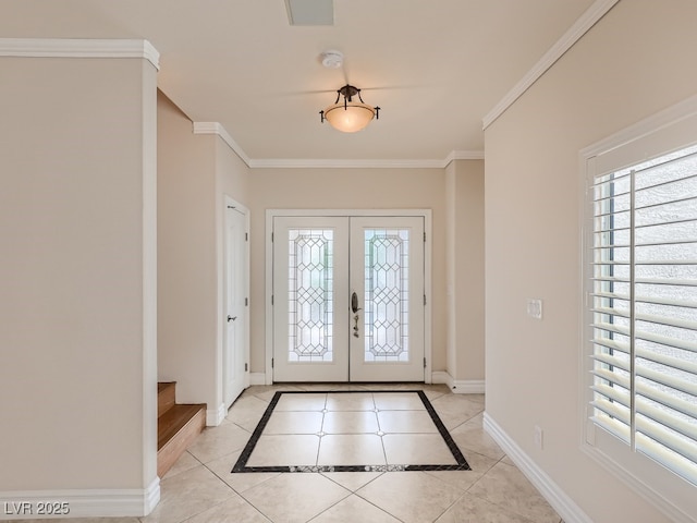 foyer featuring crown molding, french doors, baseboards, light tile patterned floors, and stairway