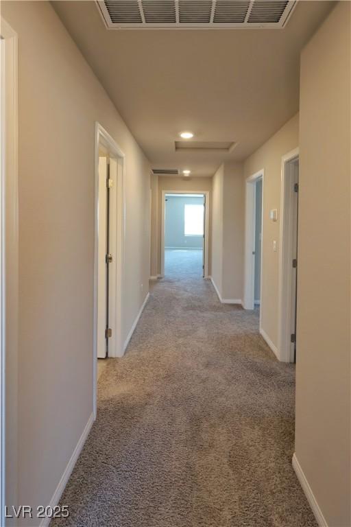 corridor featuring baseboards, carpet flooring, and attic access