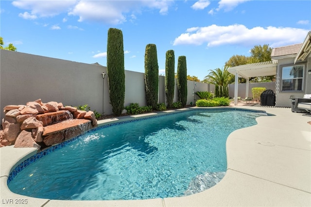 view of swimming pool with a pergola, a patio area, a fenced backyard, and a fenced in pool