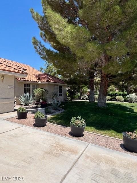 7650 Butterscotch Ct, Las Vegas, NV 89131 - view of home's exterior with a yard, a tiled roof, and stucco siding
