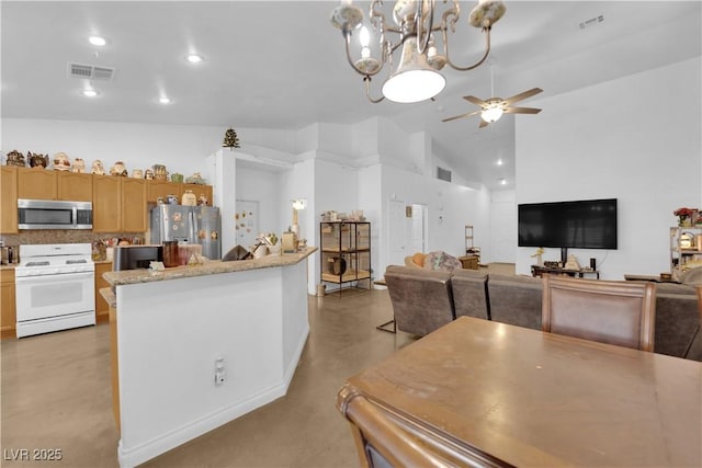 kitchen with ceiling fan with notable chandelier, stainless steel appliances, recessed lighting, finished concrete floors, and visible vents