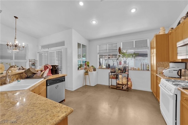 kitchen with concrete flooring, a notable chandelier, a sink, light countertops, and stainless steel appliances