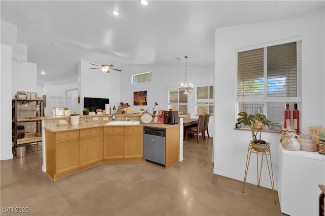 kitchen featuring light brown cabinetry, dishwasher, ceiling fan with notable chandelier, open floor plan, and finished concrete floors