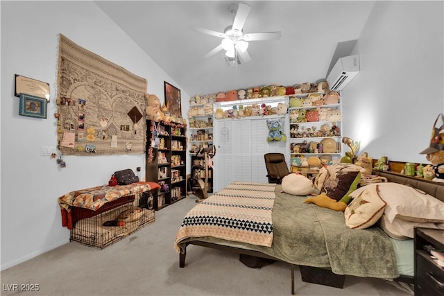 bedroom with carpet floors, a wall mounted air conditioner, a ceiling fan, and vaulted ceiling