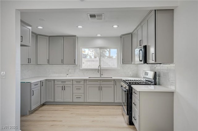 4419 Fairmont Cir, Las Vegas, NV 89147 - kitchen featuring appliances with stainless steel finishes, a sink, light wood finished floors, visible vents, and gray cabinetry