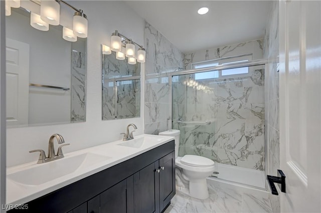 4419 Fairmont Cir, Las Vegas, NV 89147 - bathroom featuring a sink, a marble finish shower, toilet, and marble finish floor