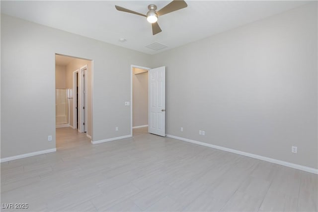 unfurnished bedroom with visible vents, baseboards, light wood-style floors, ceiling fan, and connected bathroom