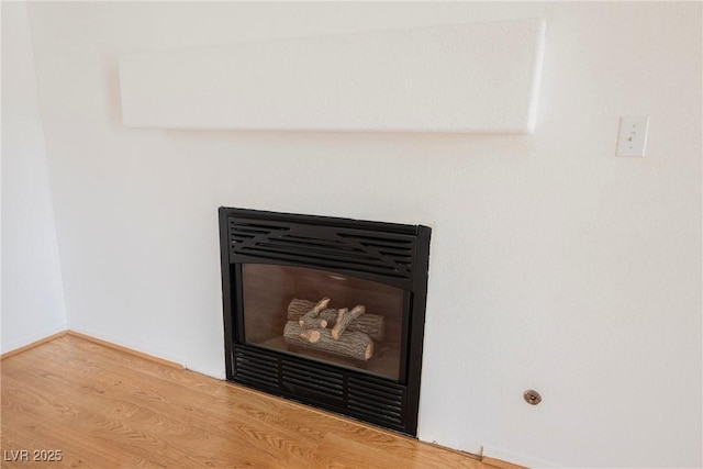 interior details featuring a glass covered fireplace and wood finished floors