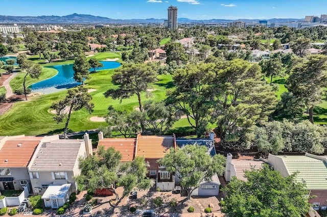 aerial view of a water and mountain view and a golf course