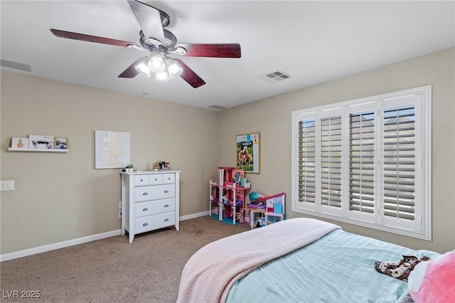 bedroom featuring carpet flooring, a ceiling fan, baseboards, and visible vents