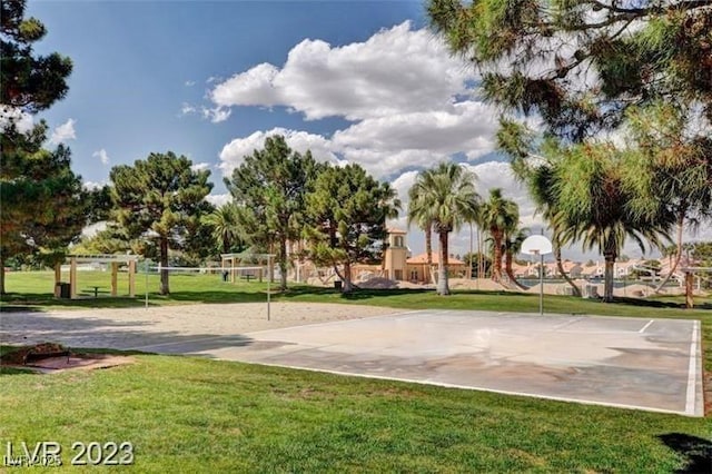 view of community featuring a lawn, community basketball court, and volleyball court