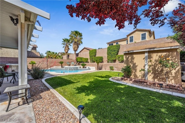 248 Hyssop Ct, Henderson, NV 89015 - view of yard featuring a storage shed, a pool with connected hot tub, an outbuilding, and a fenced backyard