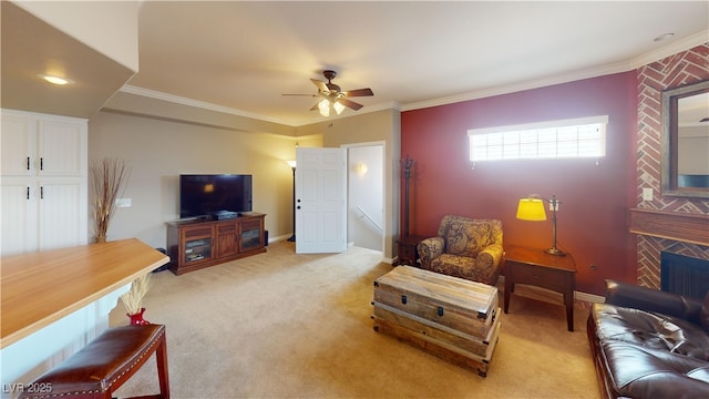 6901 Cobre Azul Ave Unit 202, Las Vegas, NV 89108 - living area featuring a ceiling fan, light carpet, ornamental molding, and baseboards