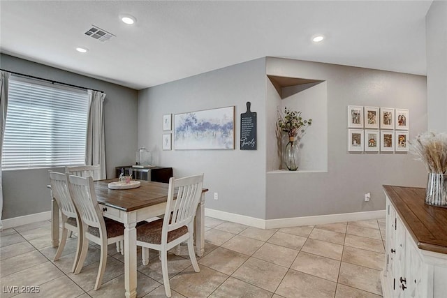 dining space featuring visible vents, recessed lighting, baseboards, and light tile patterned floors