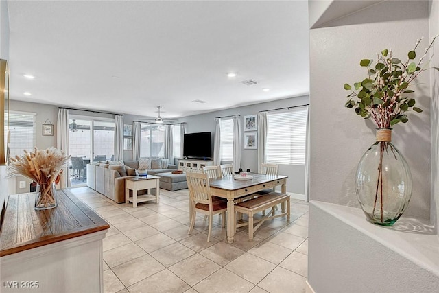 dining area with visible vents, recessed lighting, ceiling fan, and light tile patterned floors
