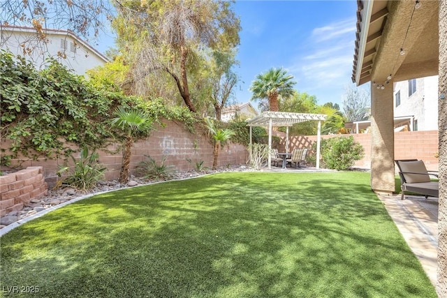 view of yard with a pergola, a fenced backyard, and a patio area