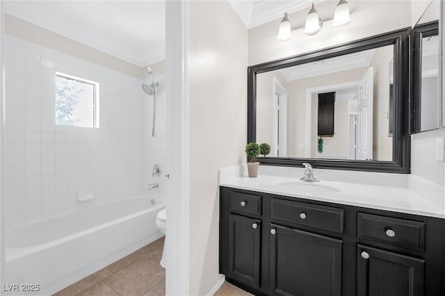 full bathroom featuring tile patterned floors, vanity, toilet,  shower combination, and ornamental molding