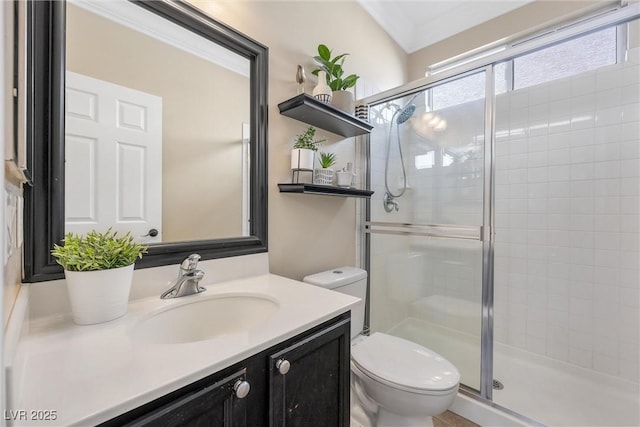 bathroom with vanity, a shower stall, and toilet