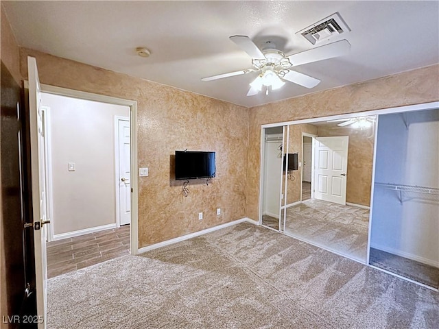 5704 Burdel St, Las Vegas, NV 89149 - unfurnished bedroom with visible vents, carpet floors, a closet, baseboards, and a ceiling fan