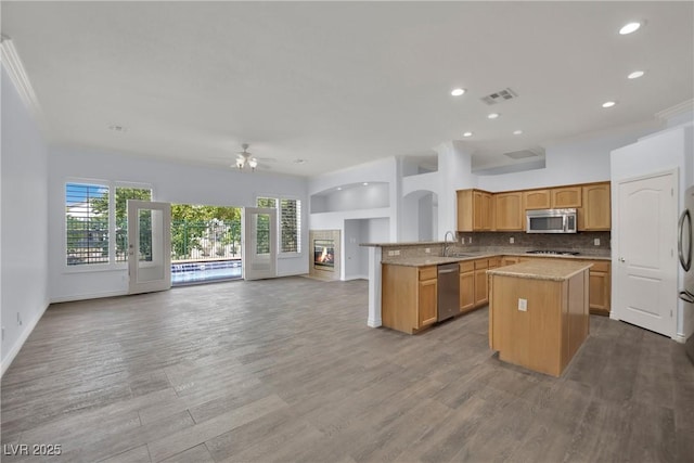 kitchen featuring a ceiling fan, visible vents, appliances with stainless steel finishes, wood finished floors, and open floor plan
