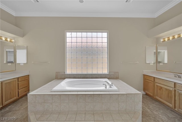full bathroom with crown molding, tile patterned flooring, a bath, and two vanities
