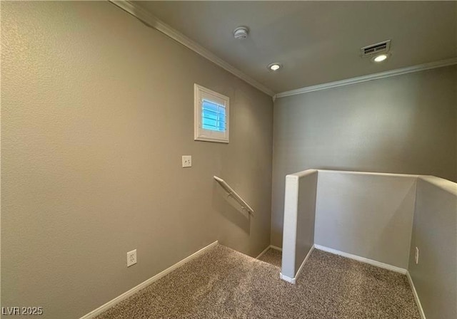staircase with ornamental molding, baseboards, recessed lighting, and carpet floors