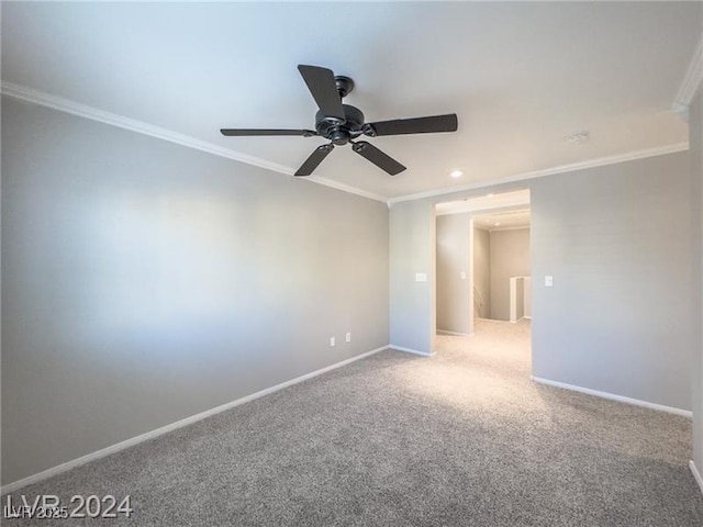 carpeted empty room with ornamental molding, a ceiling fan, baseboards, and recessed lighting