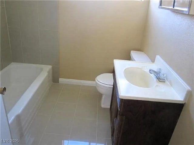 full bath with a bathtub, tile patterned flooring, a shower, vanity, and toilet
